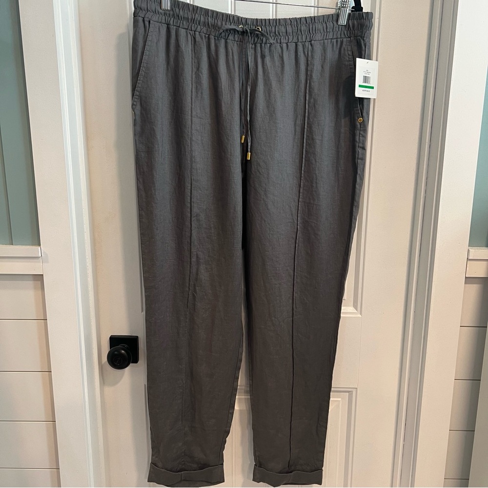 Ellen Tracy Women's 100% Linen Gray Casual Cuffed Pants. Size‎ Large. NWT.